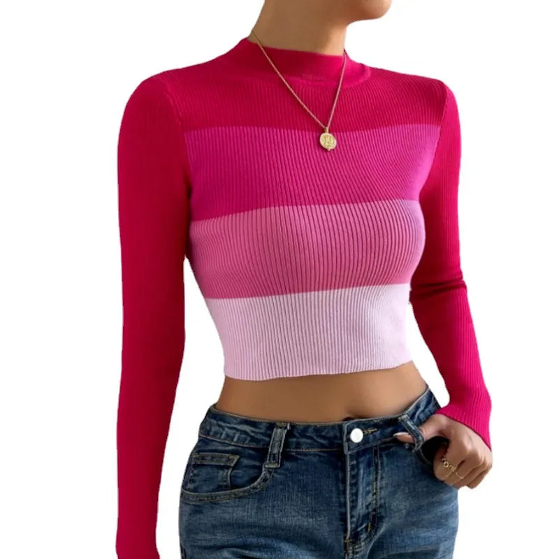 Knitted Sweater Women Autumn Patchwork Long Sleeve Tops Elegant Ladies Knitwear Femme Cropped Pullover Pulls