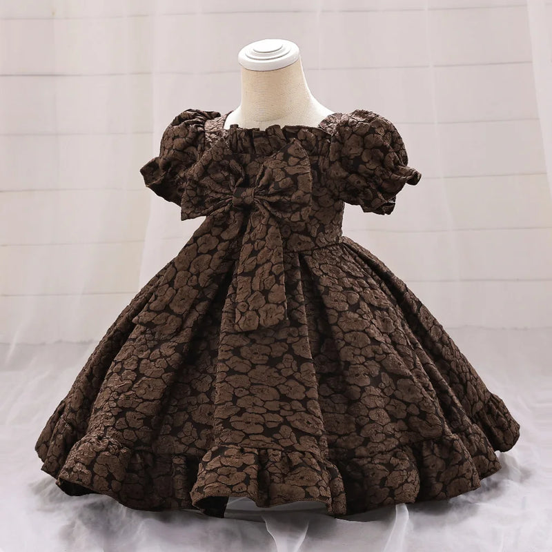 Retro Baby Girl Birthday Party Dress Christmas Floral Big Bow Wedding Gown Kids Formal