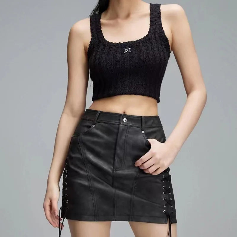 Women Mini Skirts Distressed Leather Club Wrap Straps Skirt