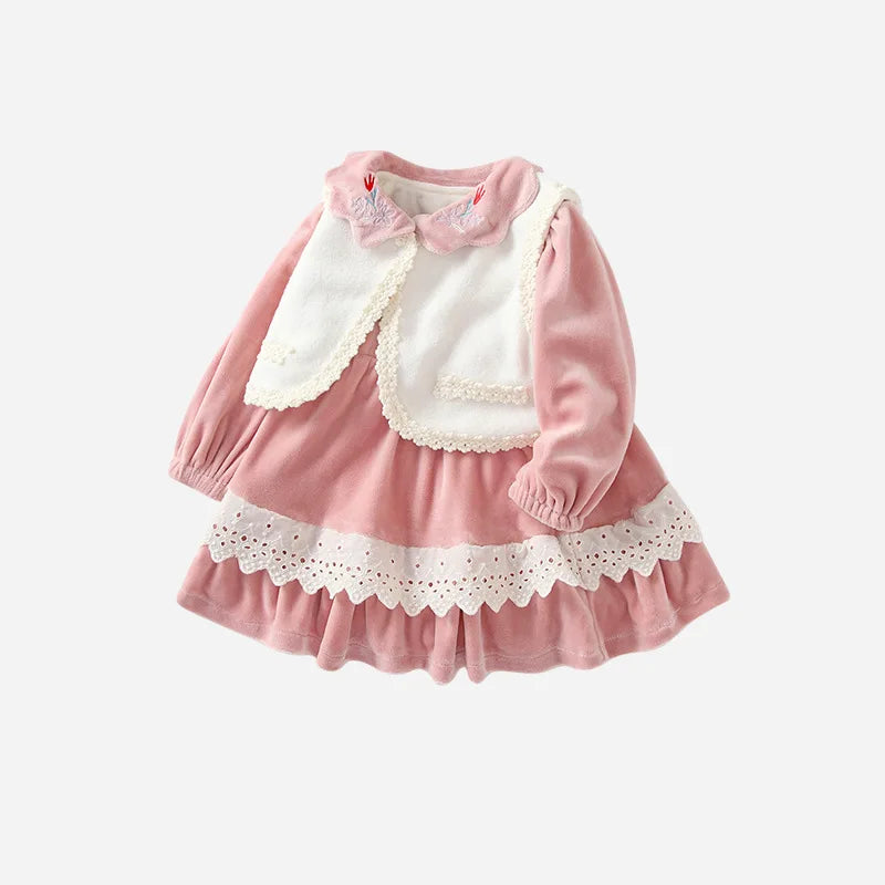 Baby Girls Velvet Dress Set Kids Princess White Vest Cardigan Pink Dresses Autumn Winter Children Clothes Outfits Suits