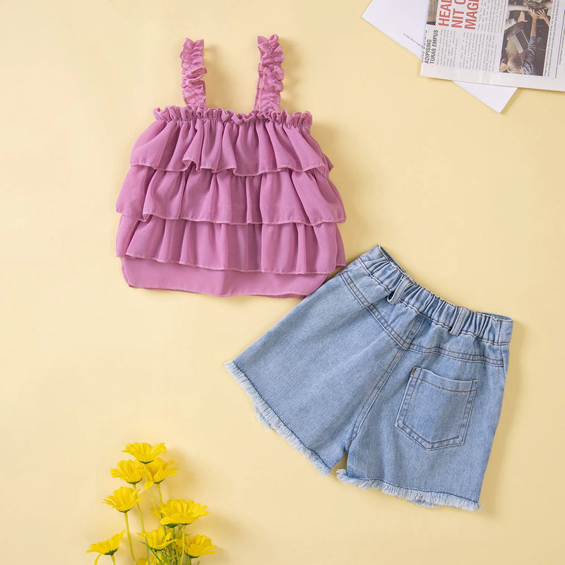 Summer Toddler Girls Clothes Mesh Baby Tops Denim Shorts Children Boutique Clothing