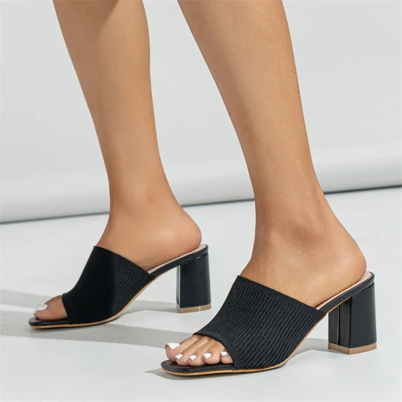 Women Slippers Summer Shoes Concise Square Heels