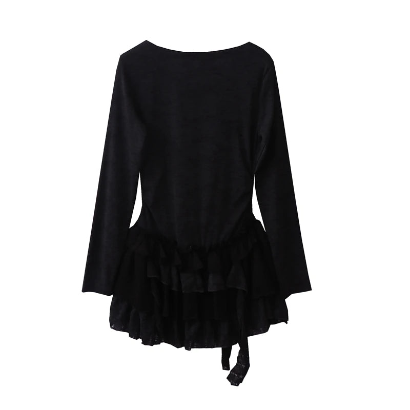 Women Ruffled Spliced Lace Short Dress Autumn Bow Lace-up V-neck  Slimming Dresses