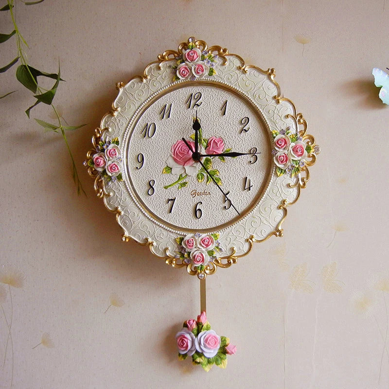 Luxury Pink Wall Clock Vintage Swing Pendulum Clock Wall Creative Living Room Silent Clocks Resin