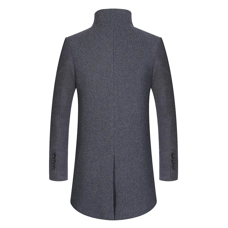 Winter Men Wool Coats Long Jackets Stand Collar Overcoat Classic Slim Fit Solid Color Jacket Coat