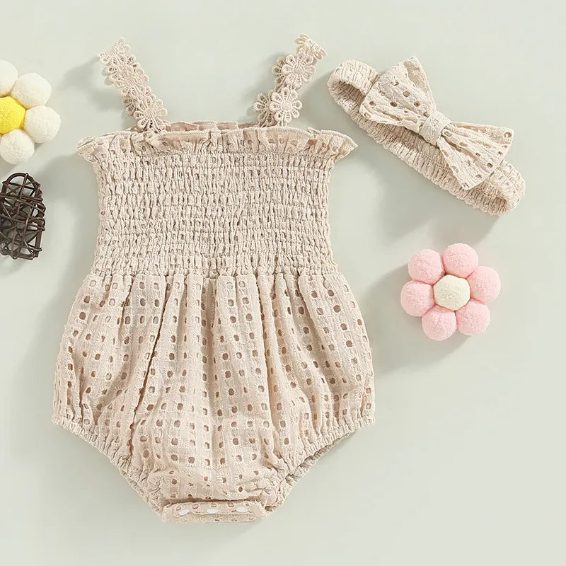 Lovely Princess Newborn Baby Girls Summer Rompers Clothes Lace Flower Strap Sleeveless Ruffles Hollow Rompers Jumpsuits Headband