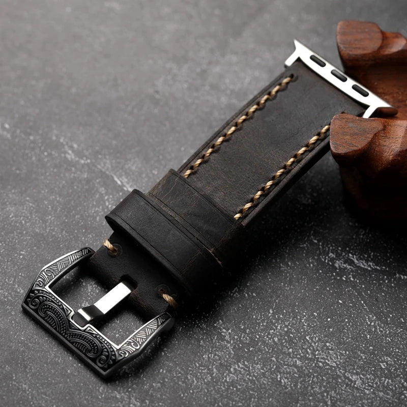 Handmade Leather Strap Grey For Apple Watch Double Thickened Men Bracelet Brushed Leather