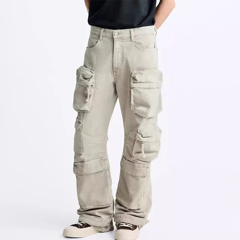 Spring Cargo Pants Men Streetwear Patchwork Straight Pants Casual Men Denim Trousers