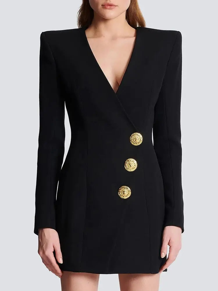 Autumn and Winter Women's Black Sexy Button Mini Dress Suit Coat Elegant