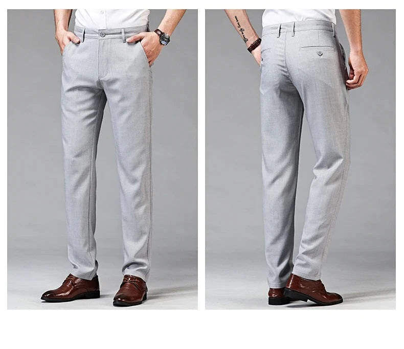 Men Dress Pants Elastic Wrinkle-Free Tailored Trousers Men Smart Casual Loose Straight Pants Thin