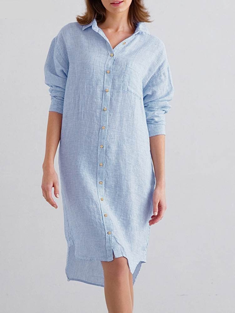 Women Elegant Stripe Shirt Dress Spring Lapel Neck Full Sleeve Dresses Casual Bohemian Sundress Work Robe