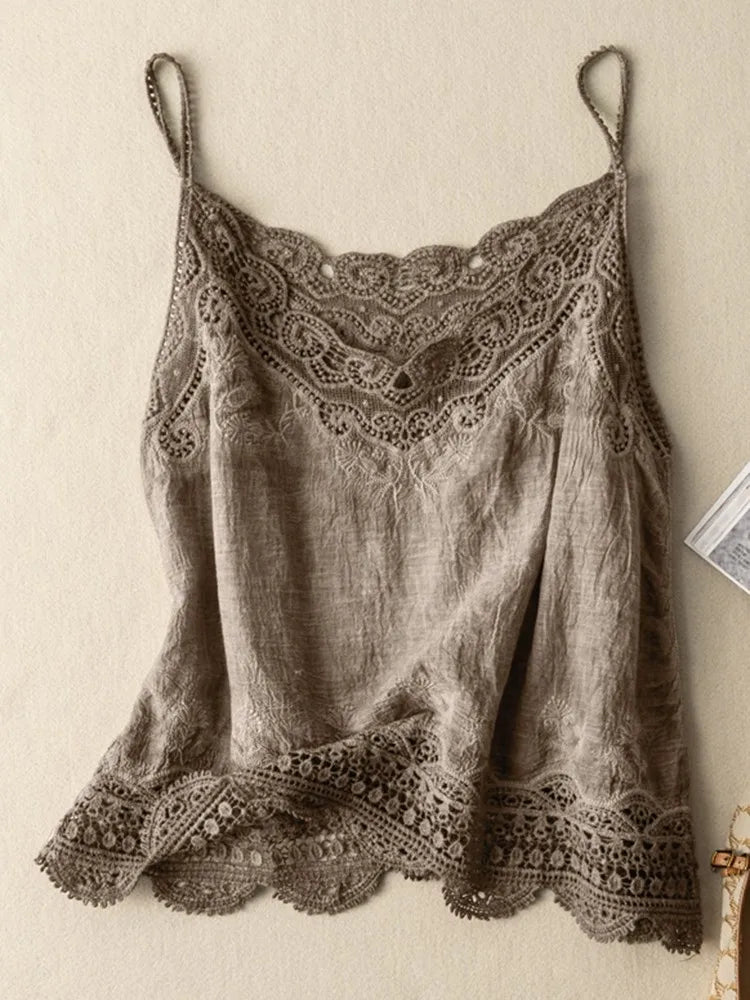 Women Casual Camis Autumn Hollow Out Lace Female Sleeveless Tops