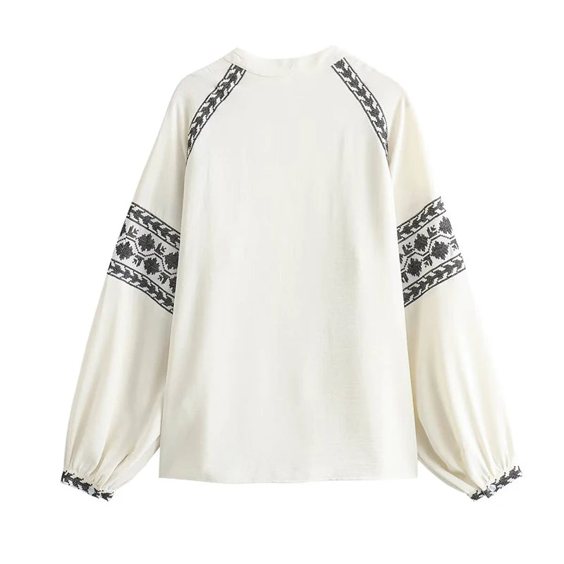 Women Contrasting Embroidery White Shirt Vintage Puff Sleeve V Neck Female Casual Loose Blouse