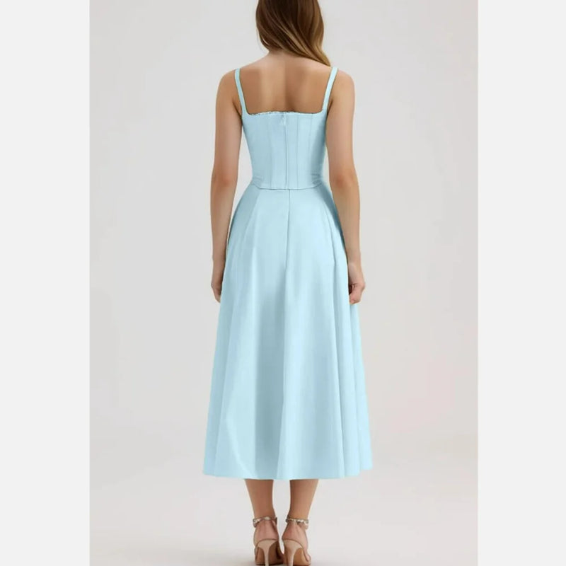 Aqua blue Hem Slit Swing Midi Dress With Bow Strap Slim Corsets Crop Top Fairy