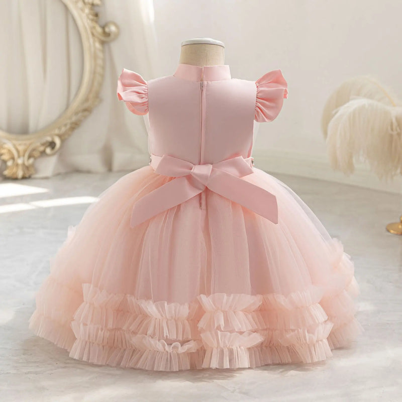 Pearls Belt Baby Girls Party Dress Sweet Birthday Tulle Kids Dresses for  Bridesmaids Princess Gown