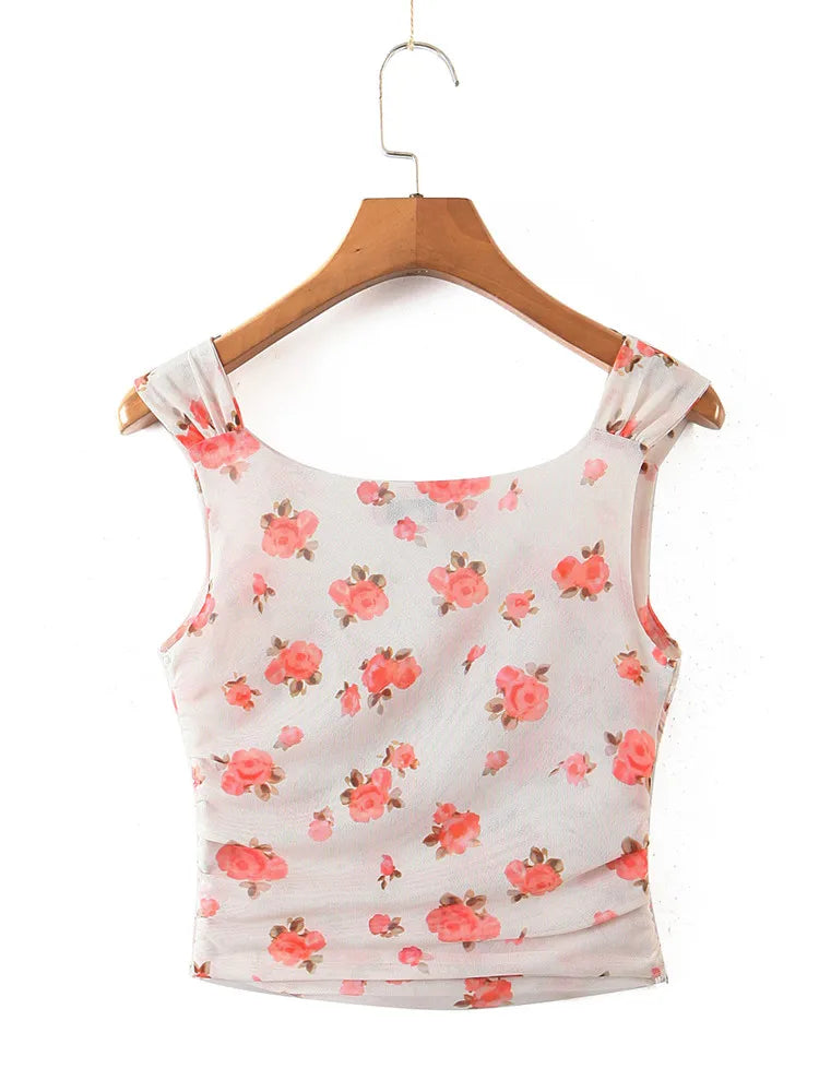 Summer Crop Tops Woman Cute Sweet Sexy Cross V-Neck Rose Mesh Short Vest Female Tank Tops