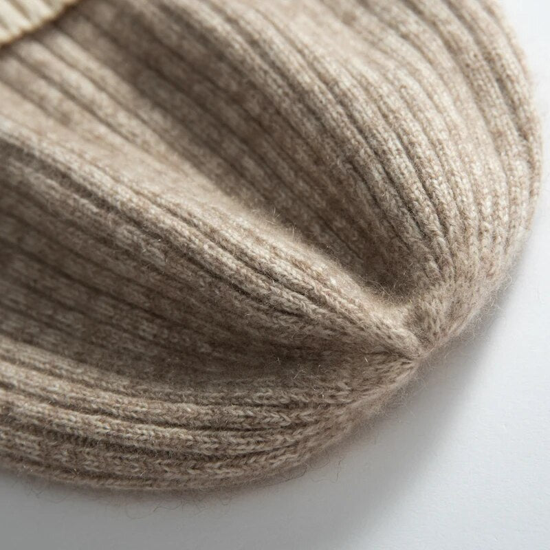 Pure Cashmere Hats for Women Winter Beanie Casual Warmer Comfortable Knitted Cap Patchwork Female Bonnets