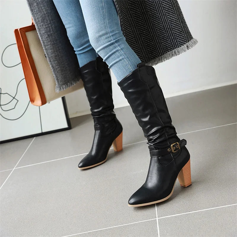 Pleated Woman's High Boots Shoes Knee High Boots Autumn Winter Heels Long Shoes Lady