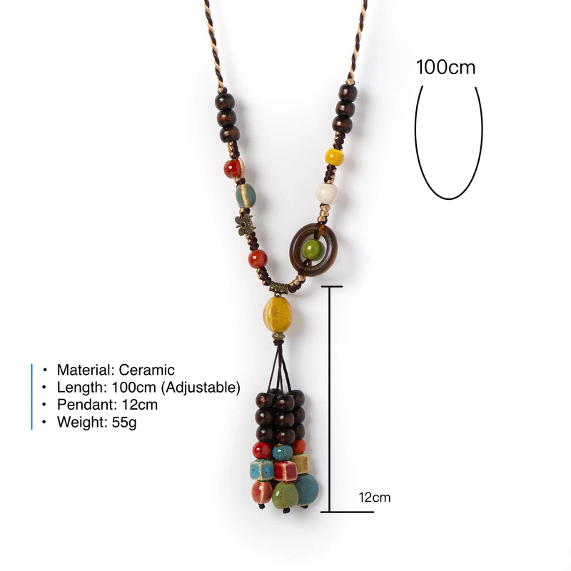 Handmade Ceramic Pendant Necklace for Women Boho Long Tassel Adjustable Jewelry