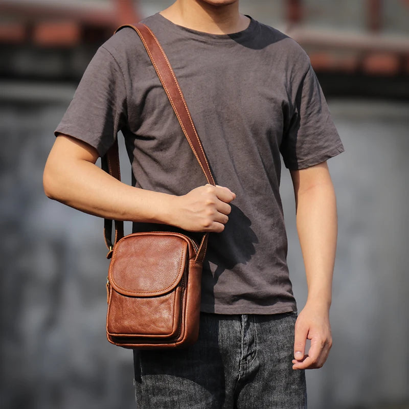 Leather Zipper Men's Shoulder Bag Natural Casual Satchel Man Retro Small Bag