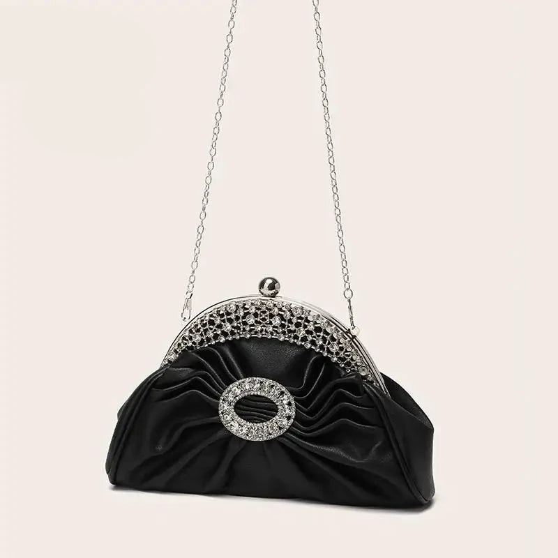 Soft Pleated Women Evening Handbag Crystal Diamond Shiny Clutches Bag Elegant Lady