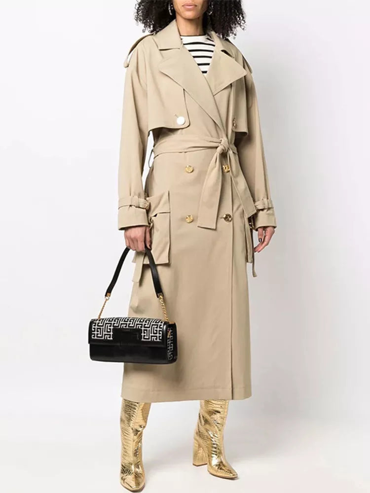 Winter Designer Women's Elegant Double Breasted Belted Trench OverCoat