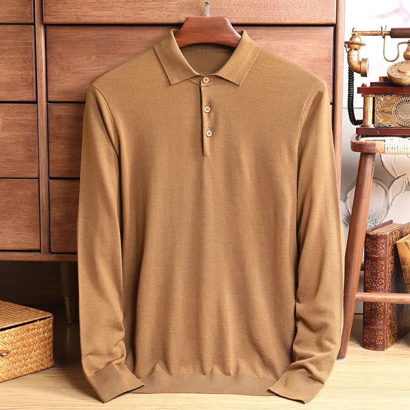 Men's Polo Collar Knit Sweater Autumn Solid Business Casual Wool Knit Pullovers