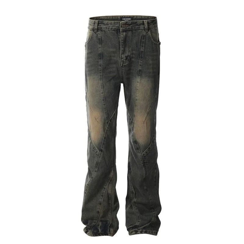 Spliced Denim Flare Pants Mens Washed Distressed Retro Streetwear Loose Jeans Men Trousers