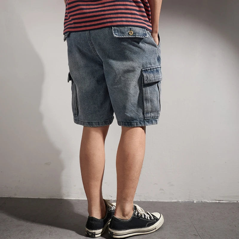 Shorts for denim men's tooling cat's whiskers straight pants retro