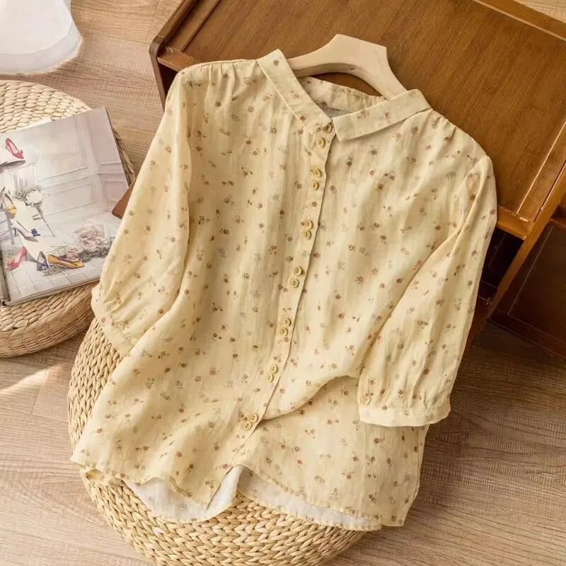 Retro Floral Blouse Women Casual Single Row Tow Buttons Summer Shirt Loose Linen