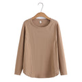 Women Spring Simple Hem Two Side Pleated O-Neck Tees Long Sleeve Tops Oversized Curve Clothes