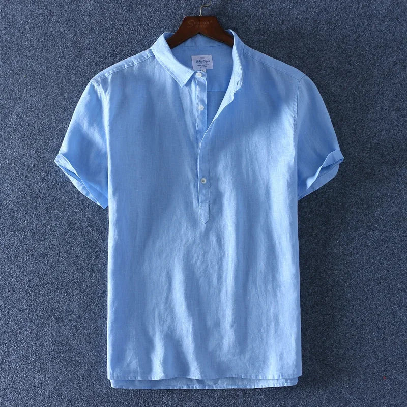 Linen Summer Casual Shirt Men Breathable Turn-down Collar Short Sleeved Pullover Shirt Comfortable