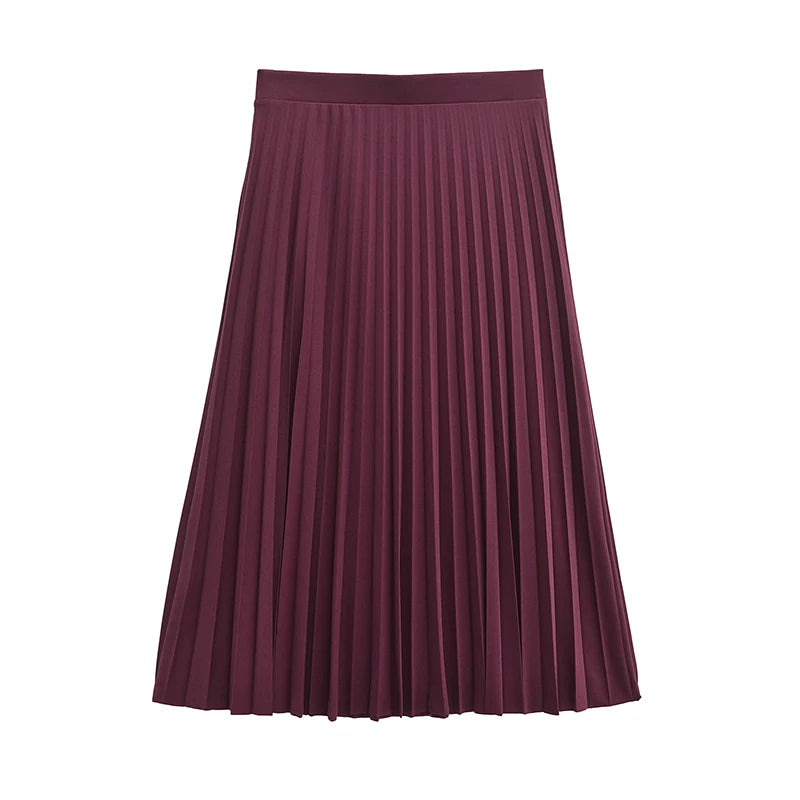 Women Waist Pleated Midi Skirt Office Wear Elegant