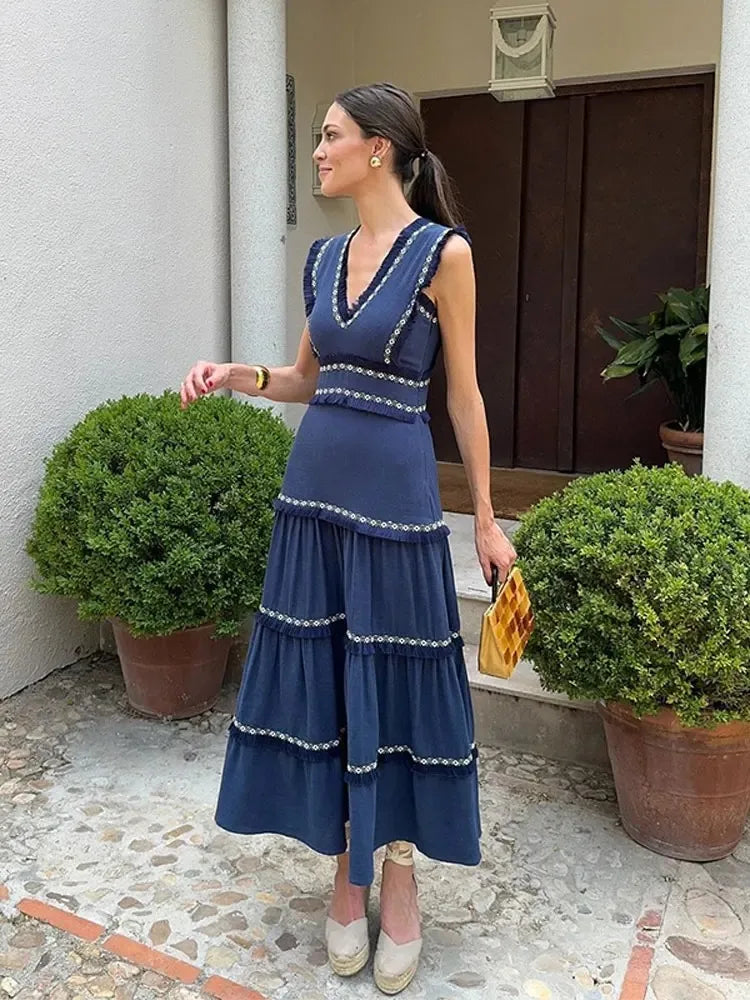 Women Sleeveless Robe Retro Elegant Tassel Spliced Print Ruffles Long Dress Chic Lady Holiday