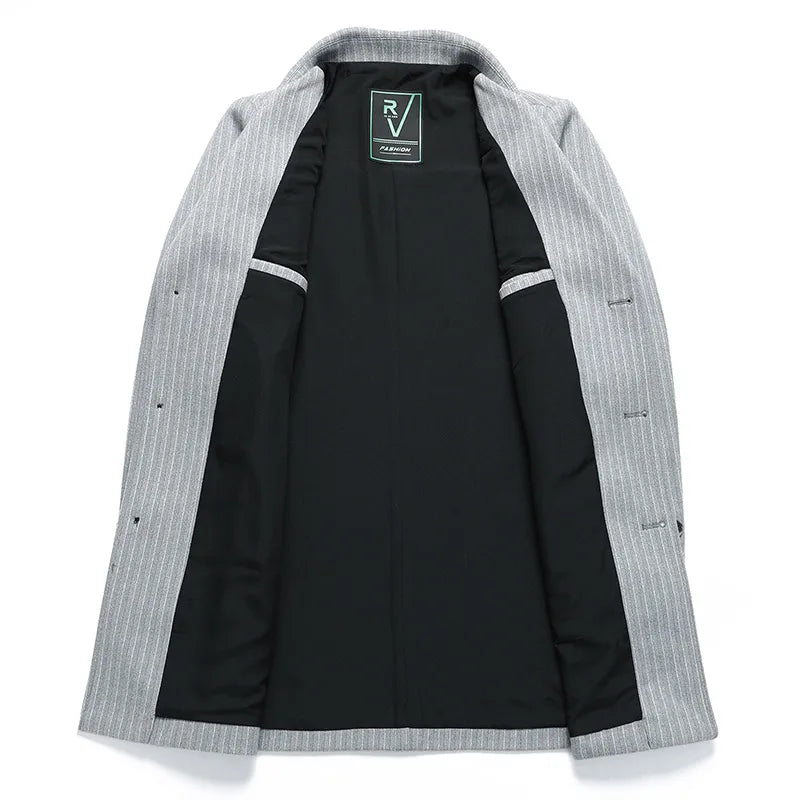 Men's Winter Suit Collar Mid-length Tweed Coat Business Casual Striped Tweed Coat