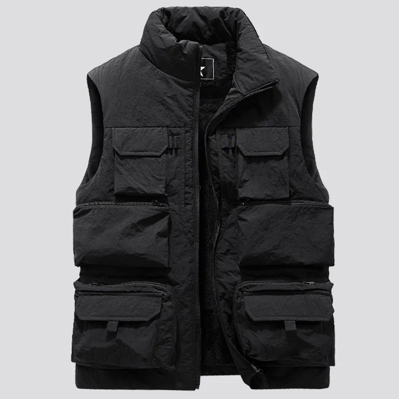 Men Winter Sleeveless Jacket Waistcoat Thick Warm Fleece Workear Cargo Vest Windbreaker Fashion Many Pocket Coat Men