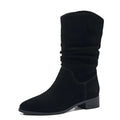 Women Mid Calf Boots Autumn Winter Leather Pleated Slip On Thick Heel Boots