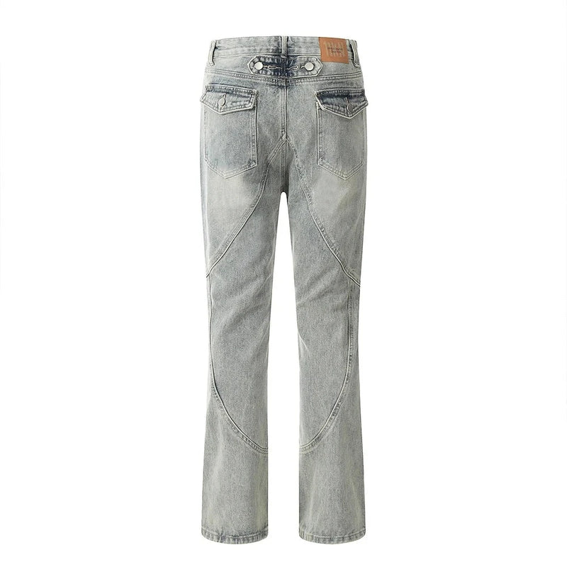 Retro Jeans Mens High Street Spliced Zipper Breasted Straight-leg Denim Pants Men