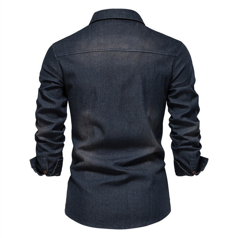 Men Denim Long Sleeve Shirts Casual Solid Single Breasted Top Men Elastic Pure Cotton