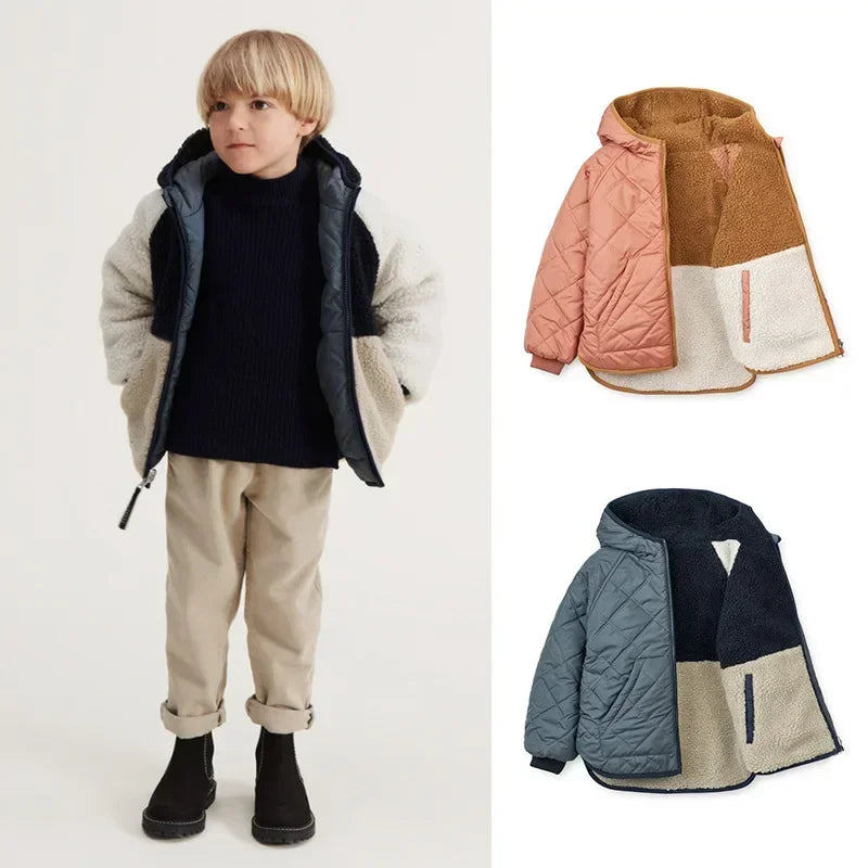 Winter down Jacket Reversible for Baby Boys Girls Kids Outerwear Hooded Fleece Coat Kids