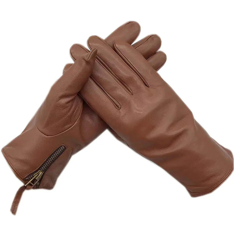 Winter Men's Gloves Wrist Zipper Large Genuine Leather Gloves Black Lining Machine Sewn Warm Driving