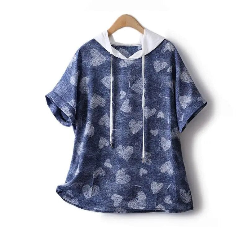 Summer Chiffon Top Women Hooded Matching  Peach Heart Thin Casual T-shirts Female Clothing