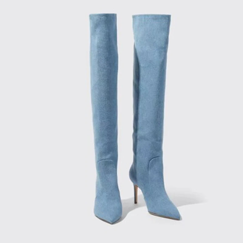 Denim Women Knee-High Boots Autumn Winter Pointed Toe Thin High Heels