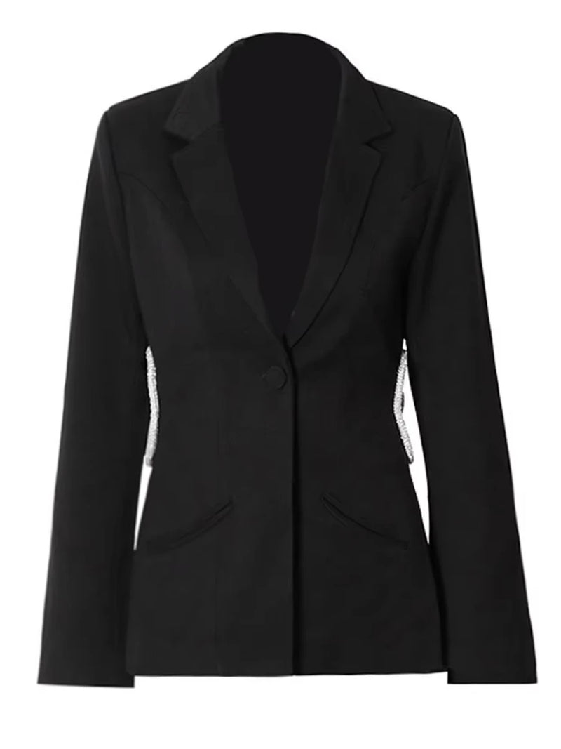 Sequins Side Hollow Out Blazers for Women Notched Collar Spliced Pockets Tunic Blazer Female