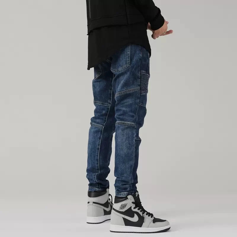 Men Jeans Retro Blue Elastic Slim Fit Spliced Biker Jeans Men Zipper Designer Patched Hip Hop Pants