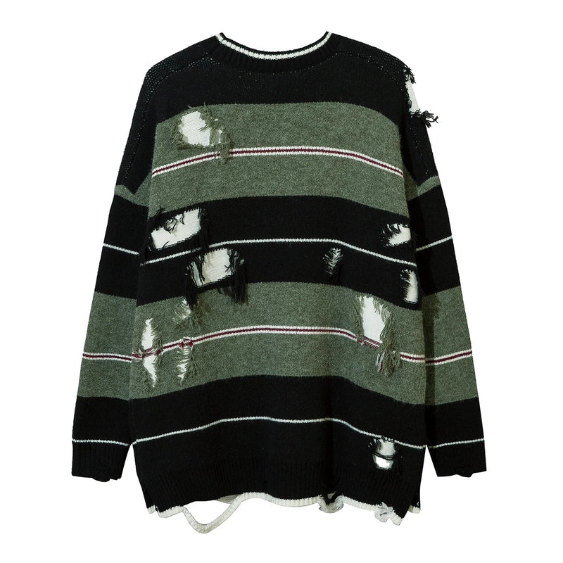 Autumn Streetwear Hollow Out Stripe Hole Knit Sweater Pullover Streetwear Oversize Loose Knit Sweater Top