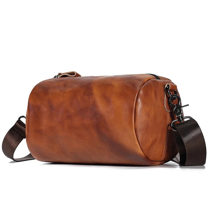 Vintage Real Leather Crossbody Bag for Men Women Cylindrical Shoulder Bag Designer Small Messenger Bag