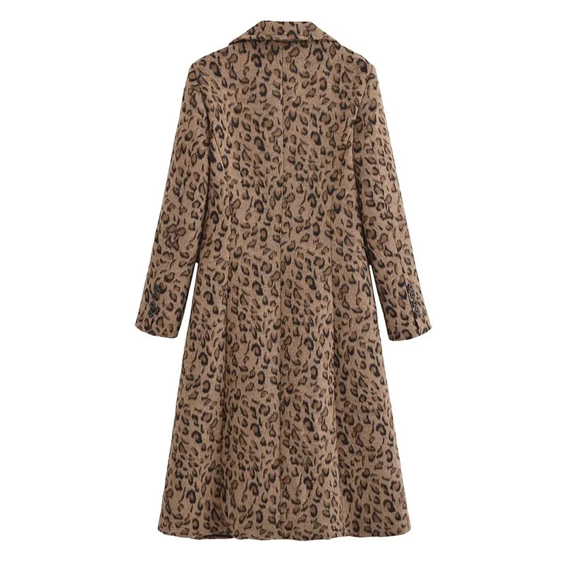 Women Autumn Winter Leopard Long Woolen Coat Single Breasted With Pockets Elegant Outerwear