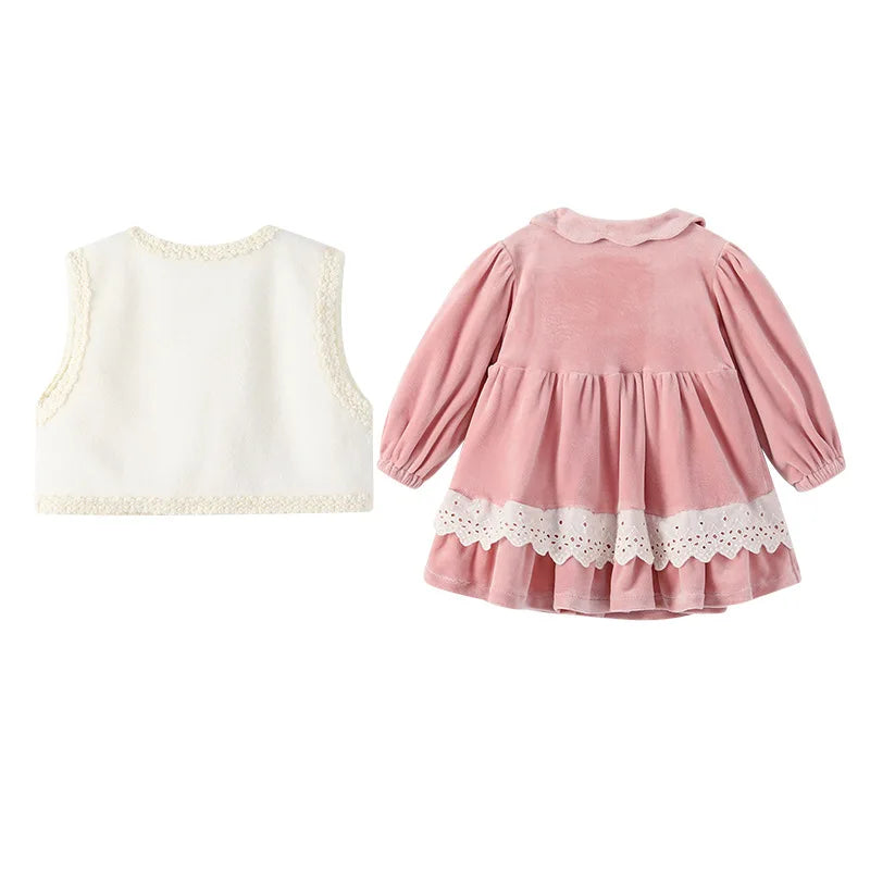 Baby Girls Velvet Dress Set Kids Princess White Vest Cardigan Pink Dresses Autumn Winter Children Clothes Outfits Suits