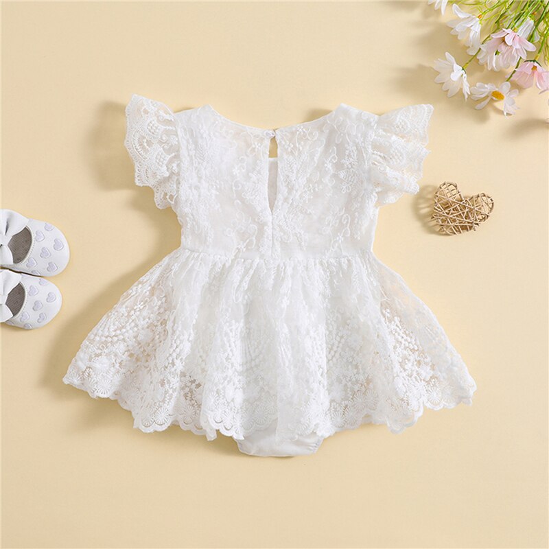 Infant Girl Romper Dress Lace Embroidery Crew Neck Fly Sleeve Skirt Hem Jumpsuits Summer Clothes Baby Bodysuits